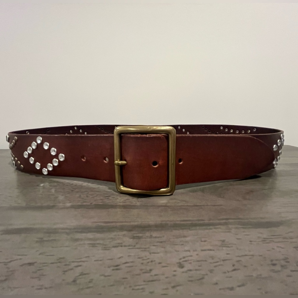 Linea Pelle Leather Crystal & Studs Belt - Dark Brown - Size Large - Like New!